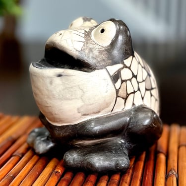 VINTAGE: 1988 - Signed Pottery Frog Figurine - Terracotta Blackware - Painted Mosaic Design - SKU 00035425 