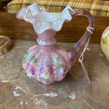 Fenton pink cased glass painted pitcher