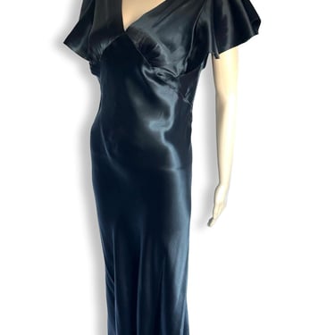 STUNNING Vintage 1930's Black Liquid Satin Bias Cut Geometric Art Deco Seam Flutter Sleeve Gown - size Small 