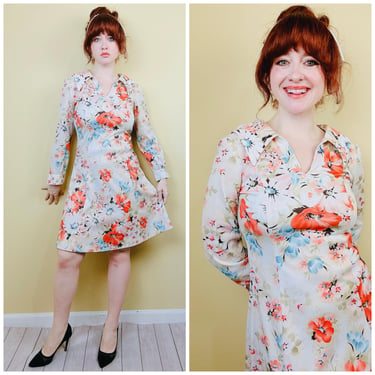 1970s Vintage Apricot Cream Floral Mini Dress / 70s / Seventies Poly Knit Fit and Flare Dress / Size Large 