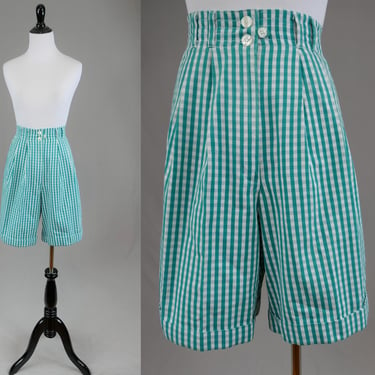 80s 90s Green Gingham Check Shorts - 28-34" waist - Pleated Cuffed - Green White - High Rise - Boundary Waters - Vintage 1980s 1990s 