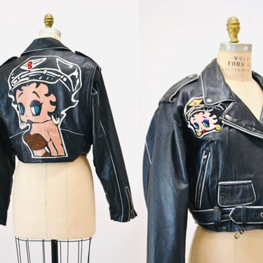 Vintage Black Leather Motorcycle Jacket with Betty Boop// Black Leather Biker Jacket with Betty Boop Comic Cartoon Size Large 