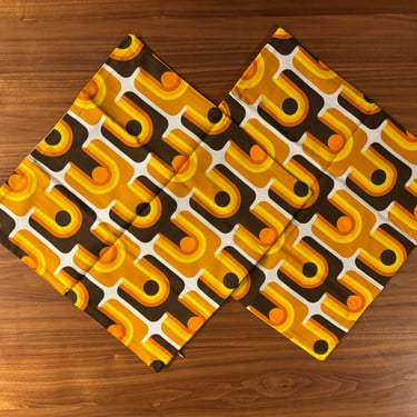 101452138 - Pair 70s Cushion w vintage yellow brown fabric -  - GLAM - DECOR