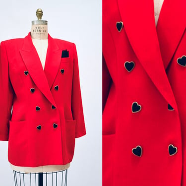 90s Vintage Red Heart Jacket Blazer with Heart Love Buttons Red Blazer 80s 90s Glam Power Suit Medium Criscione Valentines Day Party Jacket 