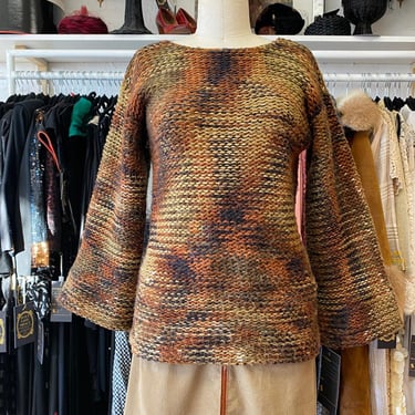 vintage 1970s ombre knit sweater, bell sleeves, brown and rust, 70s hippie, med 