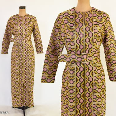 1970s Gold Knit Polyester Maxi Dress | 70s Gold Stripe Maxi Dress | Nicole Creations | Large 