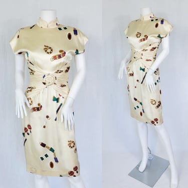 1980's Mandarin Collar Jewelry Novelty Print Ivory Silk Dress I Sz Sm  I S.I.L.K.S by St Gillian 
