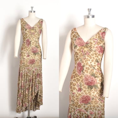 1990s Vintage Dress / 90s Diane Freis Floral Jersey Animal Print Dress / Tan Pink ( XS S ) 