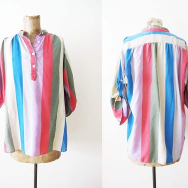 Vintage 70s Colorful Striped Tunic Top M - 1970s Womens Multicolor Bohp Stripe Casual Blouse 