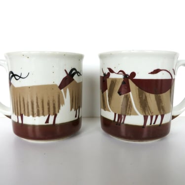 Vintage Japanese Otagiri Stoneware Mugs, 1970s Retro Ibex and Cow Coffee Cups From Japan 