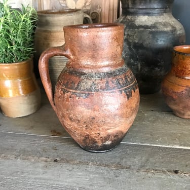 Antique Pottery Jug, Pitcher, Vase, Redware, Folk Art, Rustic Terra Cotta, Hand Thrown, Hand Painted, 19th C, Rustic Farmhouse, Farm Table 