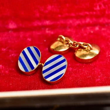 Vintage English 18KT Lapis Lazuli & Mother Of Pearl Striped Cufflinks, Gemstone Inlay Chain Link Cufflinks, Men's 750 Cufflinks 
