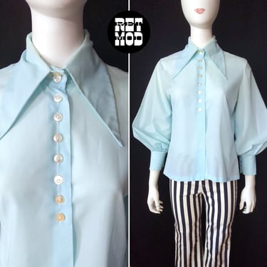 Insane Vintage 60s 70s Pastel Blue Dagger Collar & Bishop Sleeve Button Down Blouse 