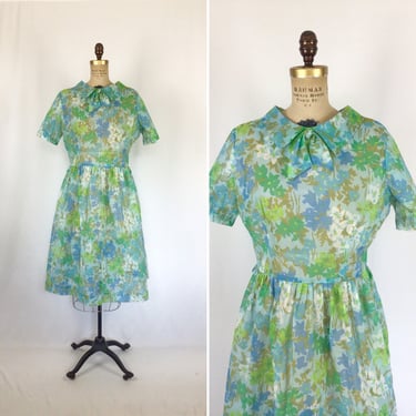 Vintage 50s dress | Vintage blue green floral shirtwaist dress | 1950s flower print day dress 