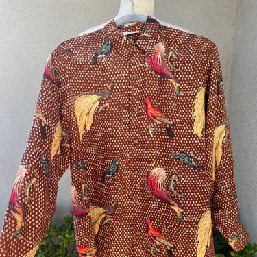 Vintage kitsch Mens silk shirt bird theme Sz Large by Go Silk Made in Hong Kong 