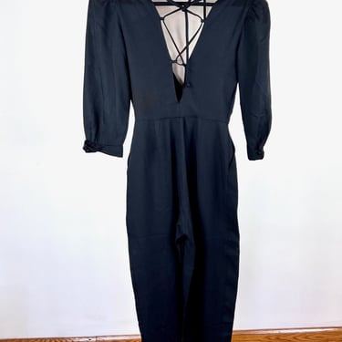 Vintage 90s 80s Jumpsuit / Lace Up Back / 1980s 1990s Black Jumpsuit Long Sleeves / Small Medium / Sleeveless Jumpsuit Wrap Style Front 