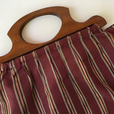 Vintage Wooden Purse Handles With Striped Fabric, Wood Handles Crafting Bag, Purse 