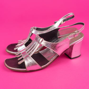 Vintage 1950s Silver Leather Block Heel Sandals Size 5.5M 