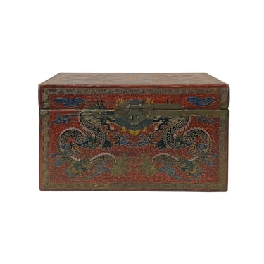 Chinese Distressed Brick Red Dragons Graphic Rectangular Shape Box ws2271E 