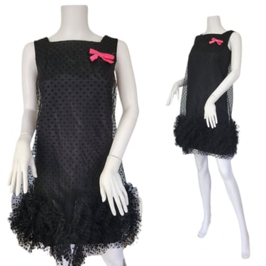 Joseph Magnin Black Polka Dot Short Net Babydoll Mini Dress I Sz Sm 