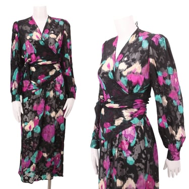 80s SILK FARM chiffon print dress 6 / vintage 1980s pink black sheer tie dress M 