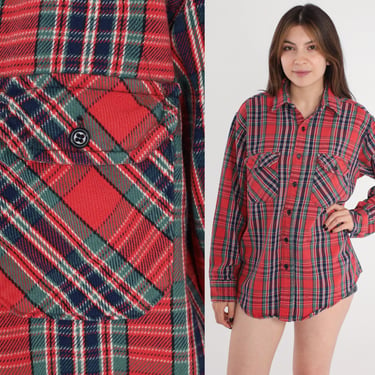 Red Flannel Shirt 80s Plaid Button Up Shirt Retro Tartan Checkered Print Collared Long Sleeve Cotton Top Casual Vintage 1980s Mens Large L 