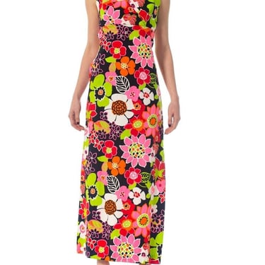 1960S Cotton Mod Hawaiian Floral Printed Maxi Dress With Side Slit 