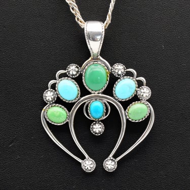 Vintage Carolyn Pollack sterling turquoise naja pendant, big CP Relios Southwestern 925 silver necklace 