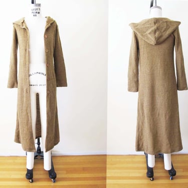 Vintage 2000s Knit Long Duster Jacket with Hood XS - Y2K Tan Brown Knitted Button Up Cardigan Sweater - Cottage Boho Romantic Fairycore 