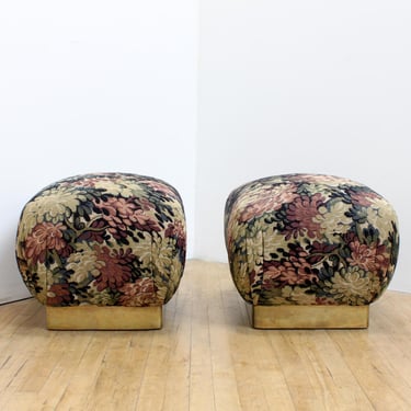 Marge Carson Souffle Poufs, Verdure Tapestry and Brass Clad Ottomans- A Pair 