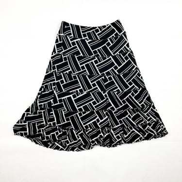 y2k Micro Mesh Wavy Hem Maxi Skirt / Black and White / Large / Geometric Allover Pattern / Stretch / Tiered / L / Overlay / 00s / Lettuce 