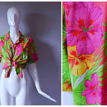 Vintage 1990s Erika pink tropical hibiscus floral print button down Top | 1990s 90s 2000s top 