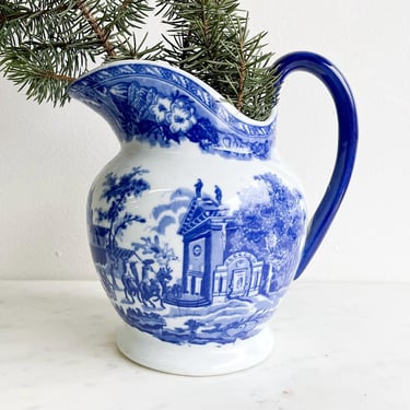 Vintage Victoria Ware Ironstone Flow Blue and White Antique Large Pitcher Royal Arms Mark Stoneware Staffordshire Blue Willow Transferware 