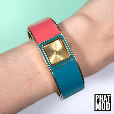 FABULOUS Vintage 00s Gold Blue & Light Red Color Block Metal Watch Cuff 