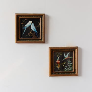 rare pair of 1940s French glass paintings, “oiseaux sur verre”