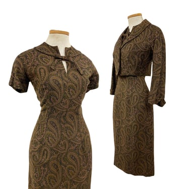 Vtg 1960s MCM Mid Century Mod Brown Paisley Print Keyhole Wiggle Dress Set 