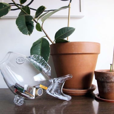 Mid Century Blenko Style Clear Glass Fish Vase - Terrarium - Coin Spare Change Holder - Nautical Tiki Beach House Decor 