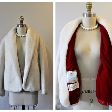 Vintage 1960s 60s Glenara by Glenoit White Faux Fur Coat Jacket Red Velvet Lined Short Crop Bolero Jacket debutant // US s m 0 2 4 6 8 