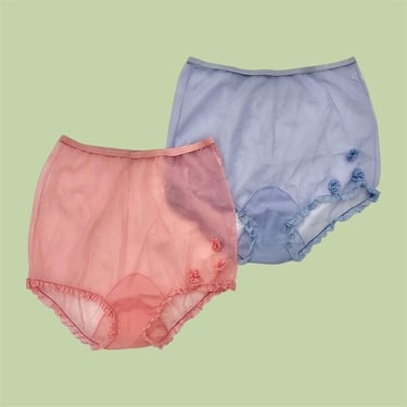 Vintage Sheer Panty Set Retro 1950s Vanity Fair + Pink + Lavender + Size 7 + High Rise + Ruffle Trim + Granny Panties + Womens Undergarment 