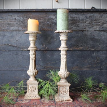 A Pair of Cast Iron Column Candlesticks Candle Holders with Chippy Paint 