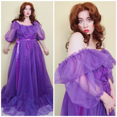 1980s Vintage Purple Nylon Sheer Chiffon Puff Dress / 80s Puffed Sleeves Ruffled Diaphonous Maxi Gown / Size XL - XXL 