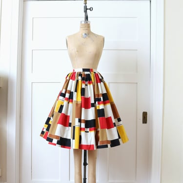 vintage 1950s full cut cotton skirt • color-block Mondrian print inspired circle skirt 