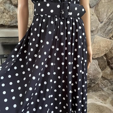 Vintage 1980s Black & White Polka Dot Maxi Dress Sleeveless Dress with Belt and Long Full Pleated Skirt Spring Summer Women's Clothing 7/8 