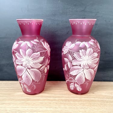 Pink frosted vases with white painted flowers - a pair - antique glass 