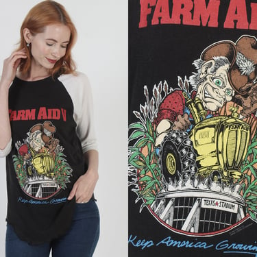 Farm Aid V Neil Young Concert T Shirt Vintage 90s Baseball Tee Double Sided Black 50 50 Tour Tee Waylon Jennings XL 