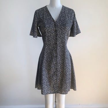 Short-Sleeved BlackFloral Print Mini Dress - 1990s 