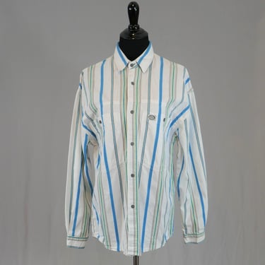 80s 90s Men's Striped Shirt - Pacific Coast Highway PCH - White Blue Gray Yellow - Long Sleeve - 1980s 1990s - S 