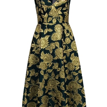 Lela Rose - Green & Gold Jacquard Beaded Trim Formal Dress Sz 6