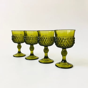 Green Indiana Glass Diamond Point Wine Glasses - Set of 4 