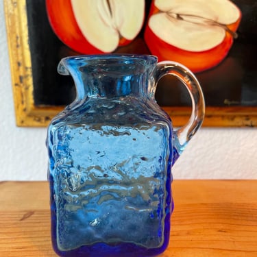 Vintage Handblown Cobalt Blue Texture pitcher with applied handle 
